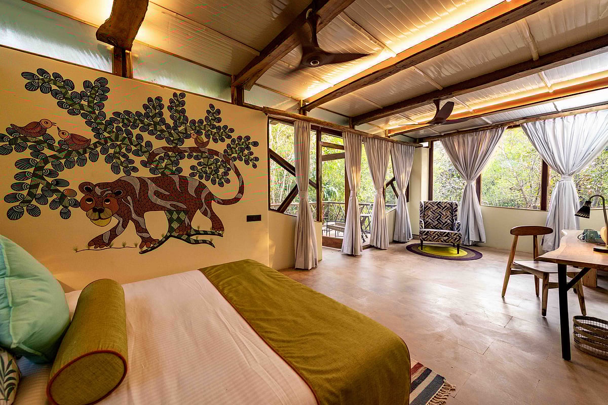 Inside one of the rooms in Kanha. The art on the wall is Gond art done by a local artist